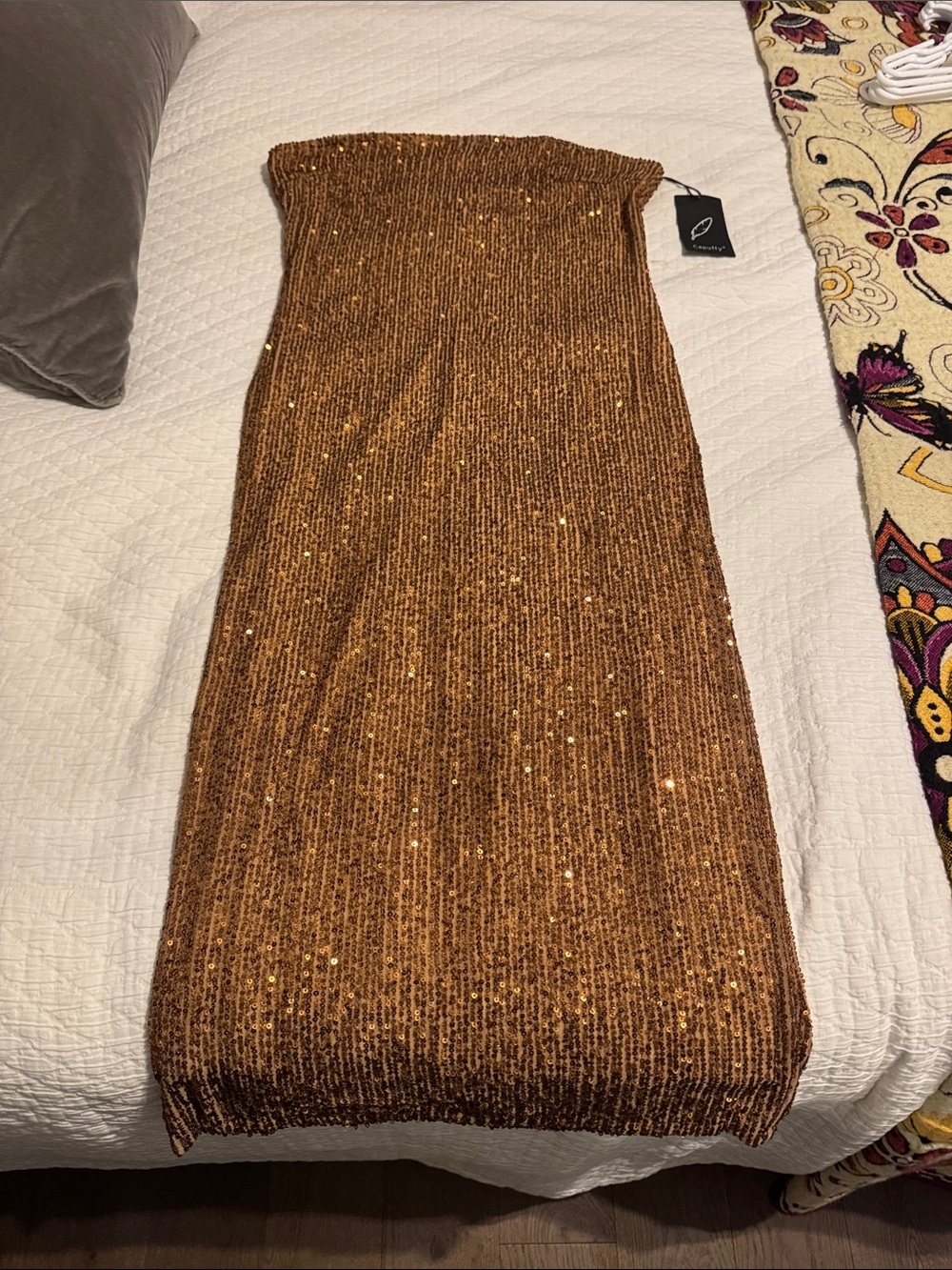 Sequined Strapless Ribbed Midi Dress in Copper